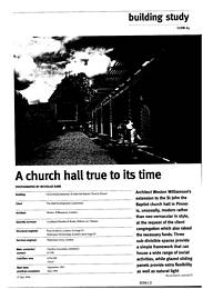 Church hall true to its time. Church hall extension, St John the Baptist Church, Pinner. AJ 27.7.94