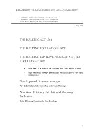 Building act 1984. The Building regulations 2000. Building (approved inspectors etc.) regulations 2000. New Part G in Schedule 1 to the Building Regulations. New minimum water efficiency requirements for new dwellings