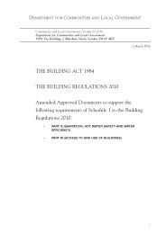 Building act 1984. The Building regulations 2010. Amended Approved Documents to support the following requirements of Schedule 1 to the Building Regulations 2010: Part G (Sanitation, hot water safety and water efficiency). Part M (Access to and use of buildings)