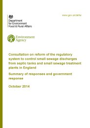 Consultation on reform of the regulatory system to control small sewage discharges from septic tanks and small sewage treatment plants in England. Summary of responses and government response. October 2014