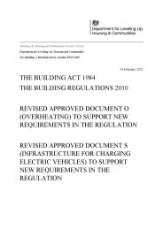 Building Act 1984. Building Regulations 2010. Revised Approved Document O (overheating) to support new requirements in the regulation. Revised Approved Document S (Infrastructure for charging electric vehicles) to support new requirements in the regulation. Revised Approved Document F, Volume 2. Revised Approved Document L, Volumes 1 and 2