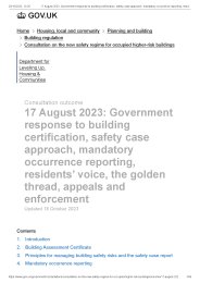 17 August 2023: Government response to building certification, safety case approach, mandatory occurrence reporting, residents' voice, the golden thread, appeals and enforcement