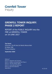 Grenfell Tower Inquiry: Phase 2 report. Report of the public inquiry into the fire at Grenfell Tower on 14 June 2017. Volume 7. Part 10 - Response and recovery. Part 11 - Matters outstanding from Phase 1. Part 12 - The fire testing regime. Part 13 - International responses. Part 14 - Recommendations. Appendices