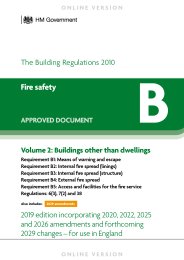 Fire safety - Volume 2: Buildings other than dwellings. 2019 edition incorporating 2020, 2022, 2025 and 2026 amendments and forthcoming 2029 changes (For use in England)