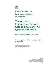 Airports Commission report - carbon emissions, air quality and noise (HC 389 of session 2015-16). Report, together with formal minutes relating to the report