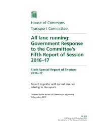 All lane running: Government response to the Committee's fifth report of session 2016-17 (HC 858 of session 2016-17). Report, together with formal minutes relating to the report