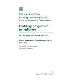 Cladding: progress of remediation. Second report of session 2019-21. Report, together with formal minutes relating to the report.