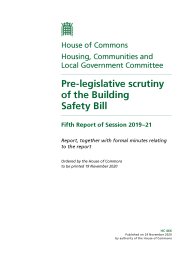 Pre-legislative scrutiny of the Building Safety Bill. Fifth report of session 2019-21. Report, together with formal minutes relating to the report.