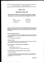 Disabled Facilities Grants and Home Repair Assistance (Maximum Amounts) (Amendment) (England) Order 2001