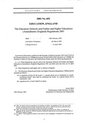 Education (Schools and Further and Higher Education) (Amendment) (England) Regulations 2001