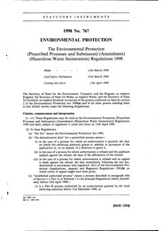 Environmental Protection (Prescribed Processes and Substances) (Amendment) (Hazardous Waste Incineration) Regulations 1998