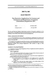 Electricity (Applications for Licences and Extensions and Restrictions of Licences) (Amendment Regulations 2003