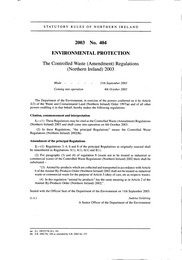 Controlled Waste (Amendment) Regulations (Northern Ireland) 2003