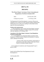 Home Repair Assistance Grant (Amendment) Regulations (Northern Ireland) 2003