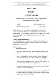 Street Works (Recovery of Costs) Regulations (Northern Ireland) 2003