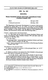Homes Insulation Scheme and Grants (Amendment) Order (Northern Ireland) 1992