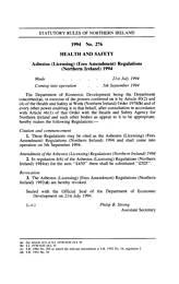 Asbestos (Licensing) (Fees Amendment) Regulations (Northern Ireland) 1994