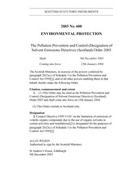 Pollution Prevention and Control (Designation of Solvent Emissions Directive) (Scotland) Order 2003