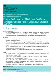 Energy performance of buildings certificates statistical release April to June 2021 England and Wales