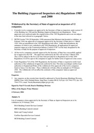 Building (approved inspectors etc) regulations 1985 and 2000. Withdrawal by the Secretary of State of approval as inspectors of 12 companies